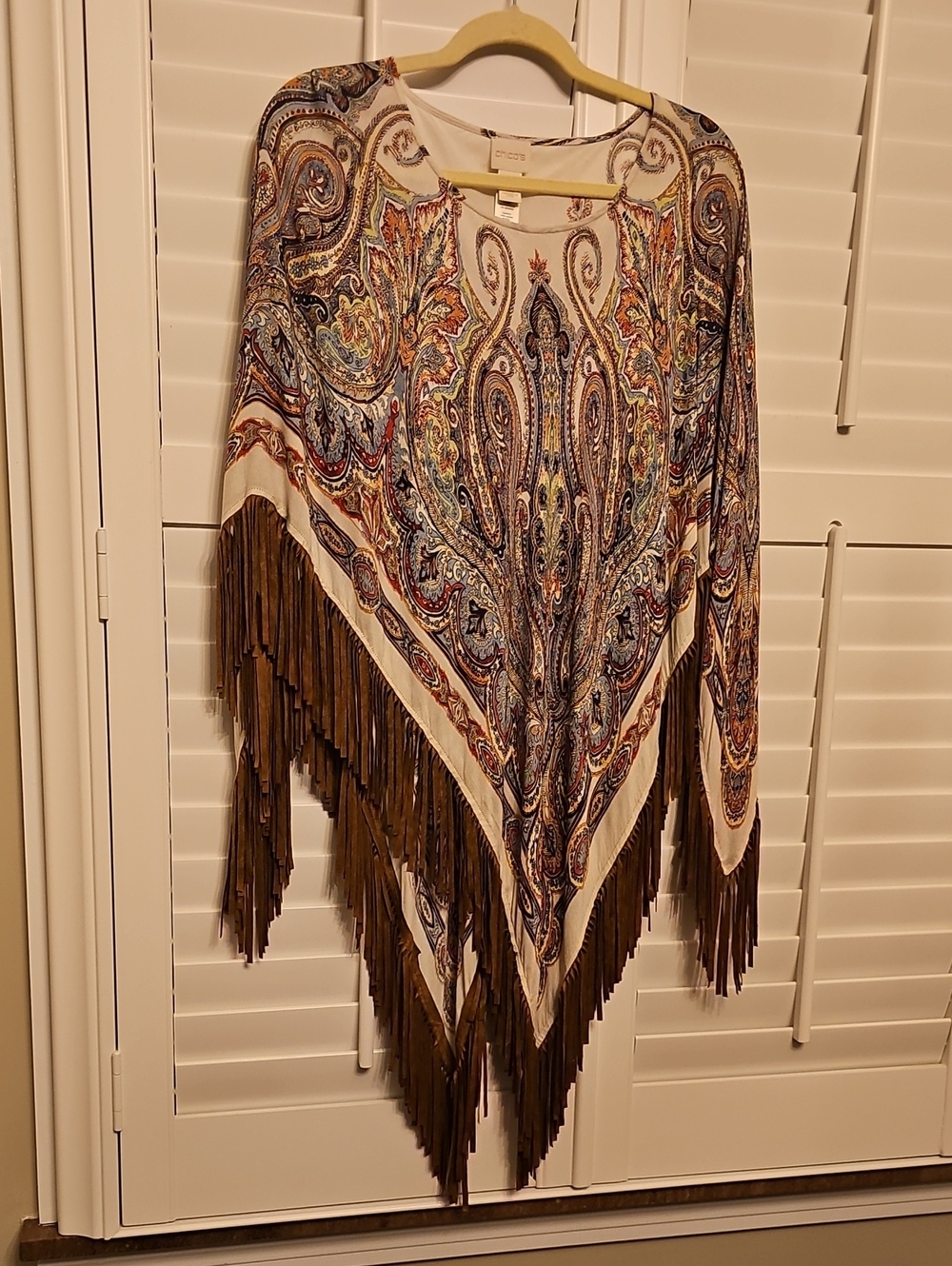 Chico's Boho Paisley Fringe Women's Poncho In Cream & Brown